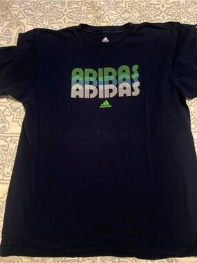 Adidas Men's Large Navy Blue Stacked Graphic Tee T-Shirt